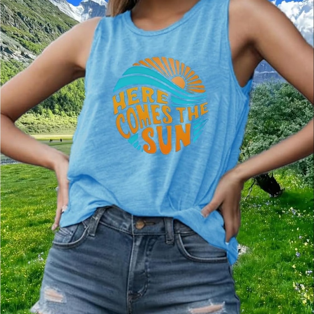 Blue Sleeveless Graphic Swim Top
